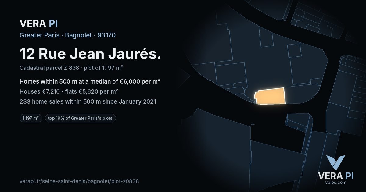 12 Rue Jean Jaurés, Bagnolet at night – the plot lit, the parcels around coloured by the prices near them