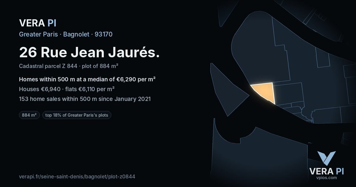 26 Rue Jean Jaurés, Bagnolet at night – the plot lit, the parcels around coloured by the prices near them