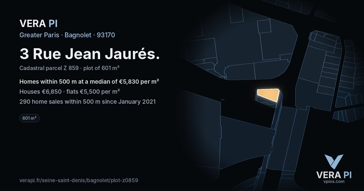 3 Rue Jean Jaurés, Bagnolet at night – the plot lit, the parcels around coloured by the prices near them