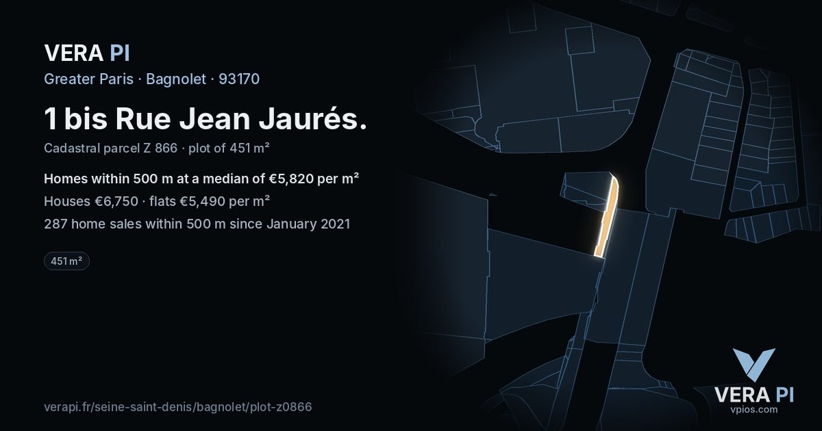 1 bis Rue Jean Jaurés, Bagnolet at night – the plot lit, the parcels around coloured by the prices near them