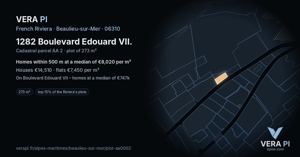 1282 Boulevard Edouard VII, Beaulieu-sur-Mer at night – the plot lit, the parcels around coloured by the prices near them