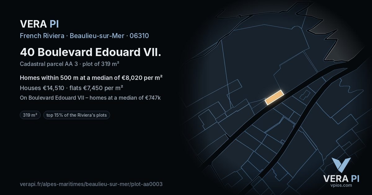 40 Boulevard Edouard VII, Beaulieu-sur-Mer at night – the plot lit, the parcels around coloured by the prices near them