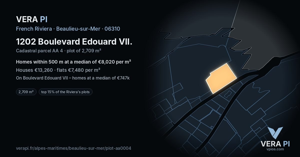 1202 Boulevard Edouard VII, Beaulieu-sur-Mer at night – the plot lit, the parcels around coloured by the prices near them