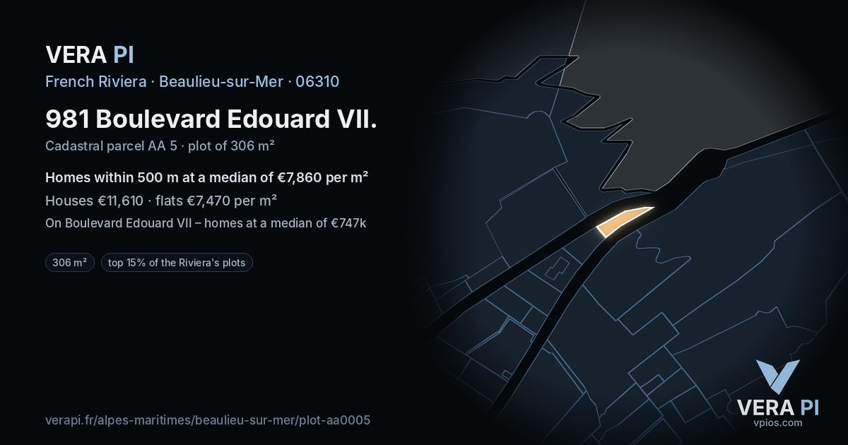 981 Boulevard Edouard VII, Beaulieu-sur-Mer at night – the plot lit, the parcels around coloured by the prices near them