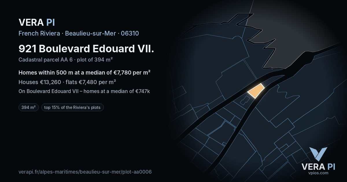 921 Boulevard Edouard VII, Beaulieu-sur-Mer at night – the plot lit, the parcels around coloured by the prices near them