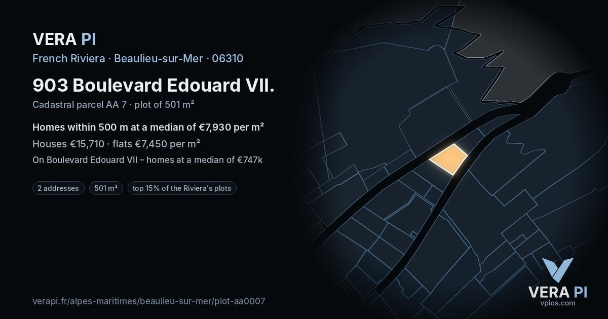 903 Boulevard Edouard VII, Beaulieu-sur-Mer at night – the plot lit, the parcels around coloured by the prices near them