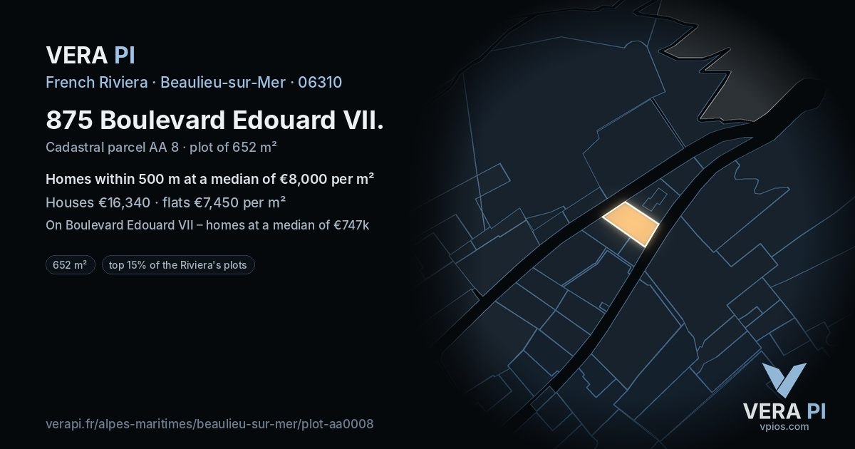 875 Boulevard Edouard VII, Beaulieu-sur-Mer at night – the plot lit, the parcels around coloured by the prices near them