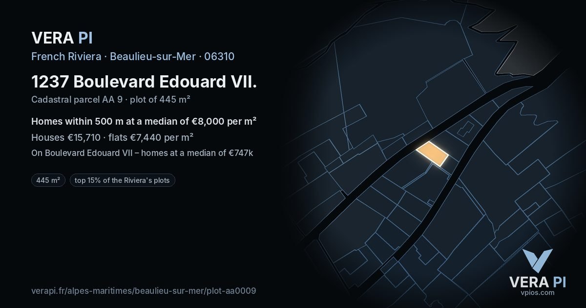 1237 Boulevard Edouard VII, Beaulieu-sur-Mer at night – the plot lit, the parcels around coloured by the prices near them
