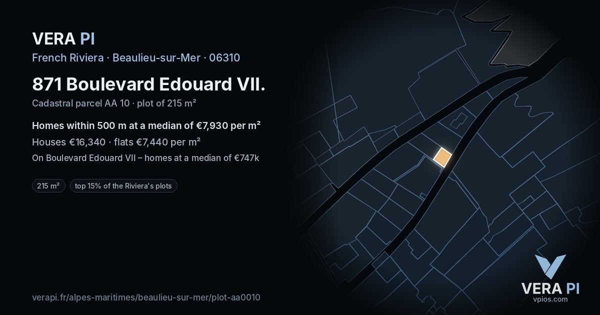 871 Boulevard Edouard VII, Beaulieu-sur-Mer at night – the plot lit, the parcels around coloured by the prices near them