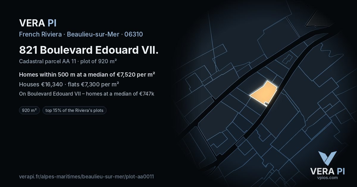 821 Boulevard Edouard VII, Beaulieu-sur-Mer at night – the plot lit, the parcels around coloured by the prices near them