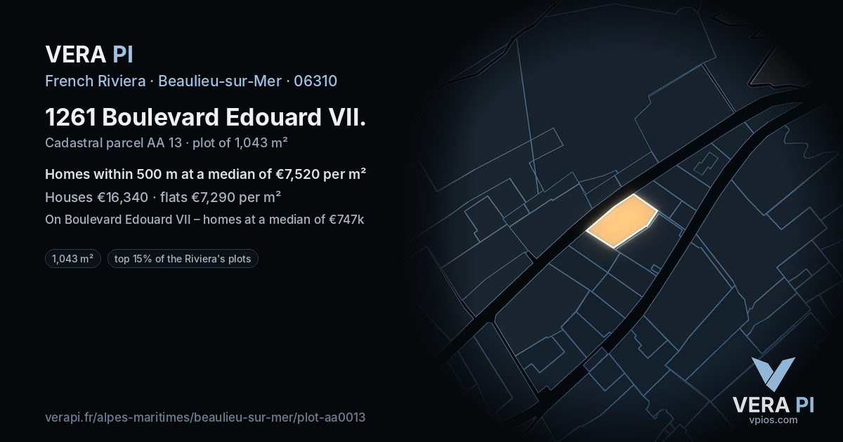 1261 Boulevard Edouard VII, Beaulieu-sur-Mer at night – the plot lit, the parcels around coloured by the prices near them