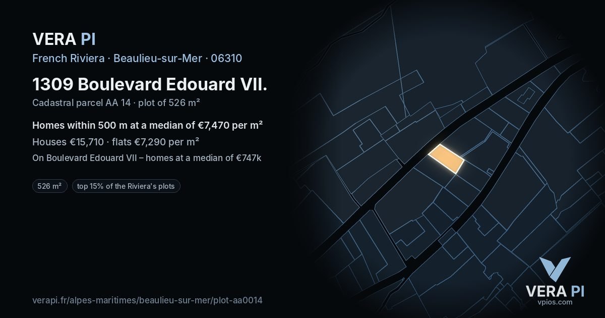 1309 Boulevard Edouard VII, Beaulieu-sur-Mer at night – the plot lit, the parcels around coloured by the prices near them