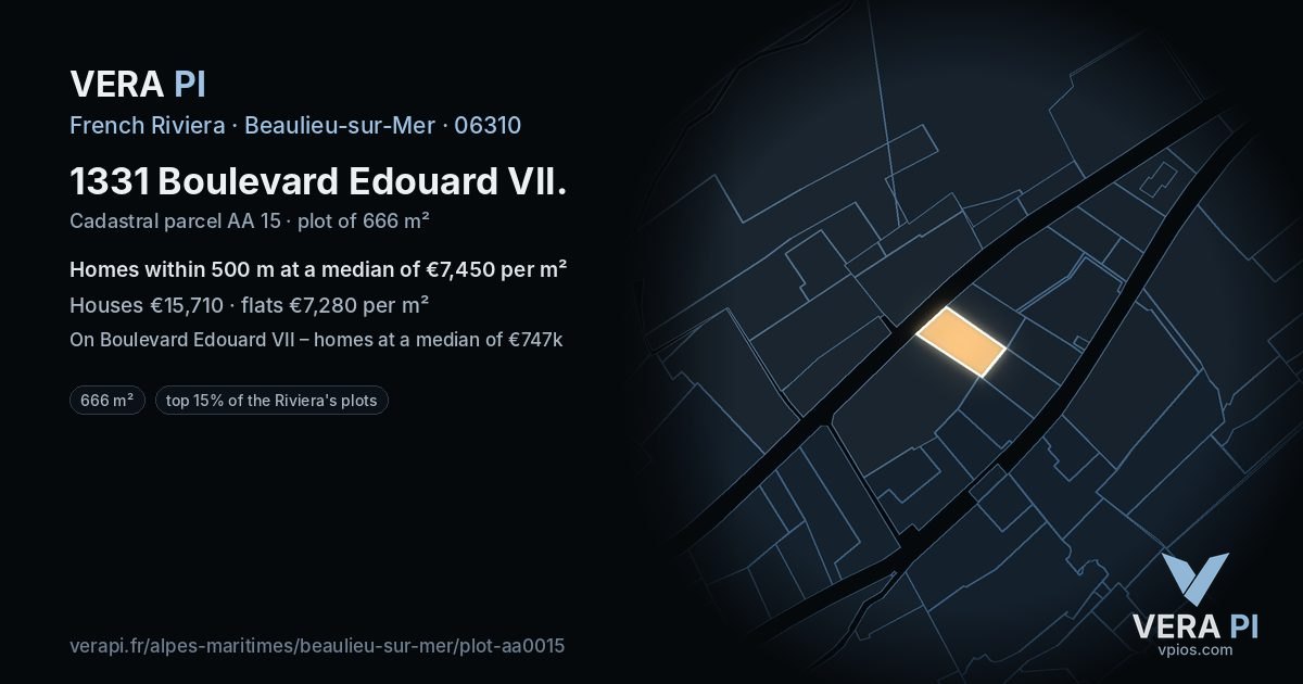 1331 Boulevard Edouard VII, Beaulieu-sur-Mer at night – the plot lit, the parcels around coloured by the prices near them
