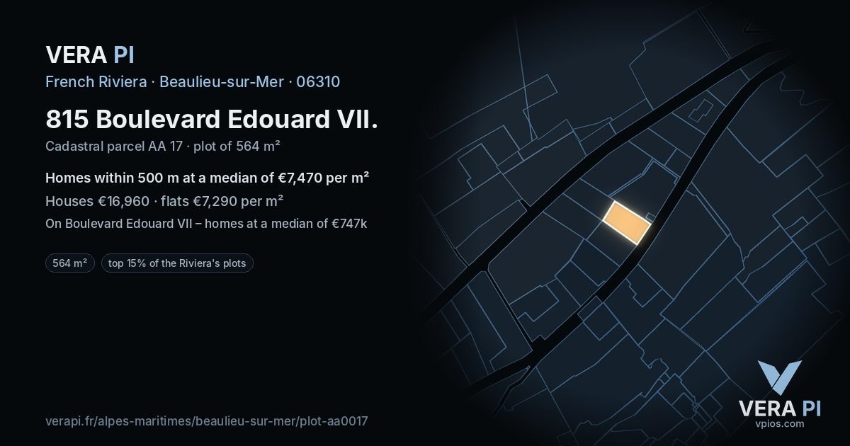 815 Boulevard Edouard VII, Beaulieu-sur-Mer at night – the plot lit, the parcels around coloured by the prices near them