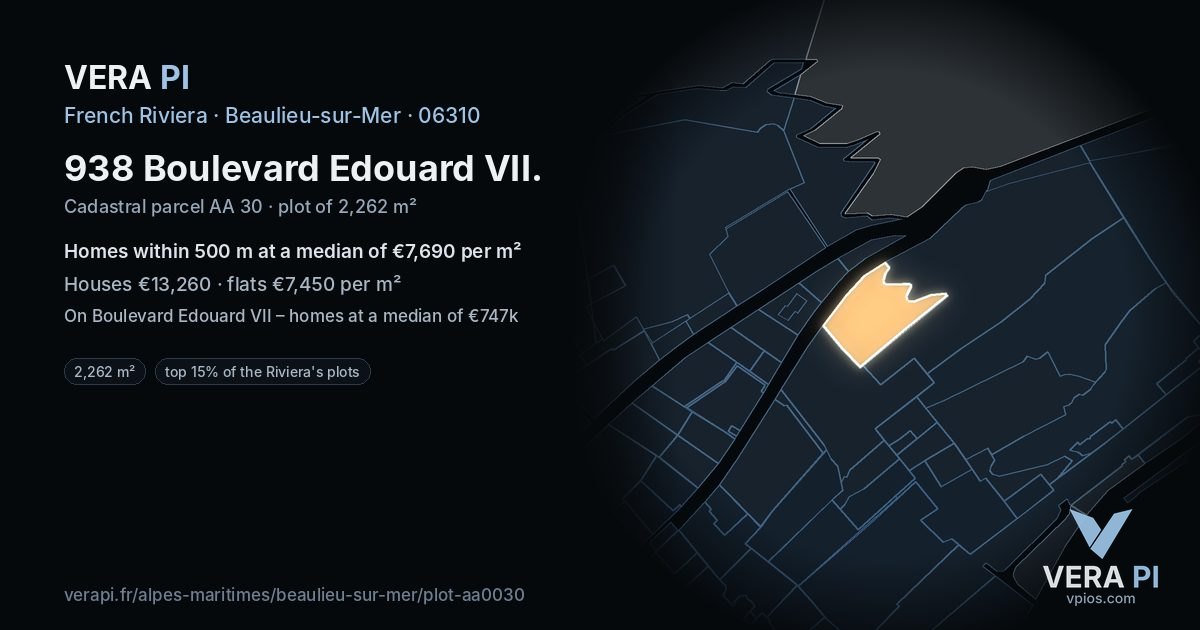 938 Boulevard Edouard VII, Beaulieu-sur-Mer at night – the plot lit, the parcels around coloured by the prices near them