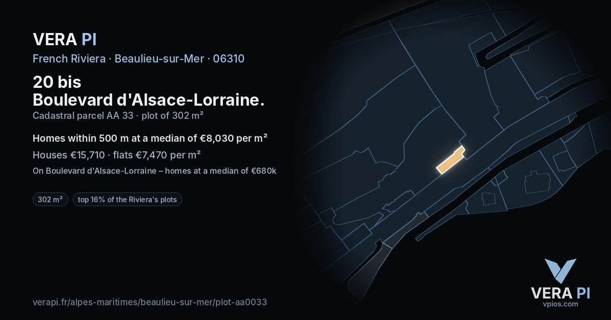 20 bis Boulevard d'Alsace-Lorraine, Beaulieu-sur-Mer at night – the plot lit, the parcels around coloured by the prices near them