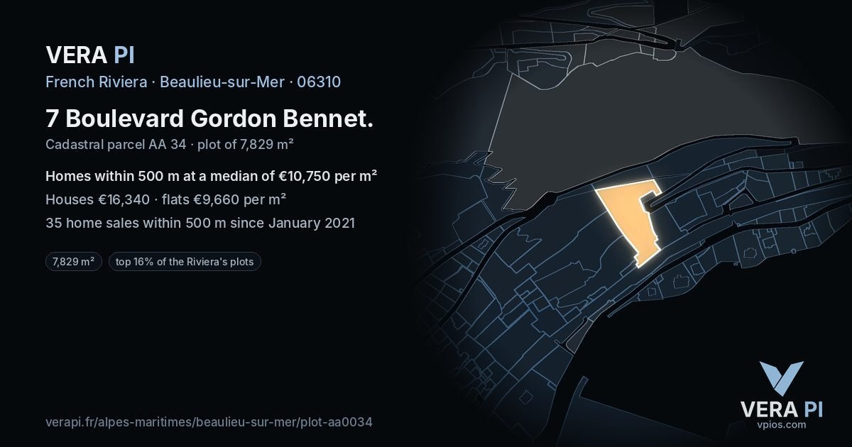 7 Boulevard Gordon Bennet, Beaulieu-sur-Mer at night – the plot lit, the parcels around coloured by the prices near them