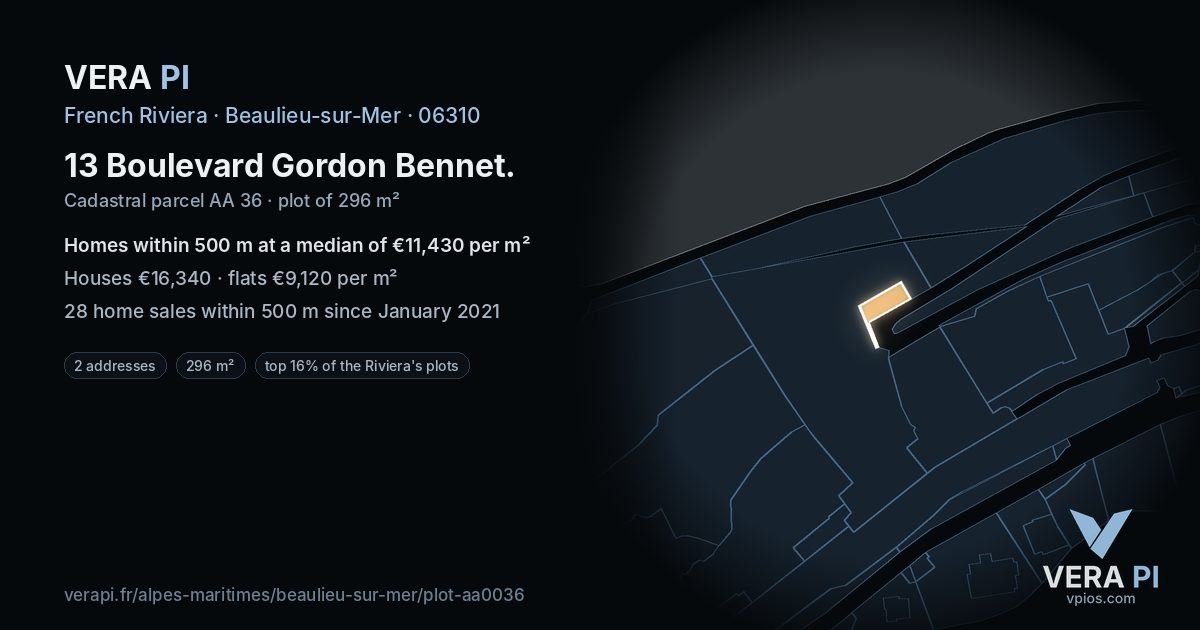 13 Boulevard Gordon Bennet, Beaulieu-sur-Mer at night – the plot lit, the parcels around coloured by the prices near them