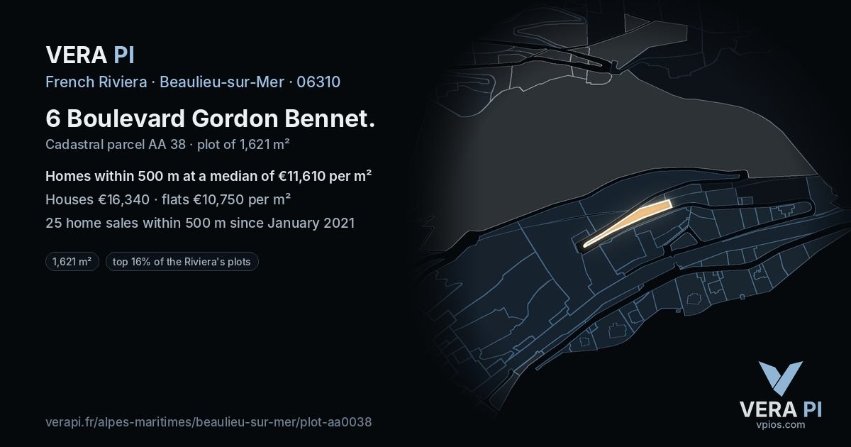 6 Boulevard Gordon Bennet, Beaulieu-sur-Mer at night – the plot lit, the parcels around coloured by the prices near them