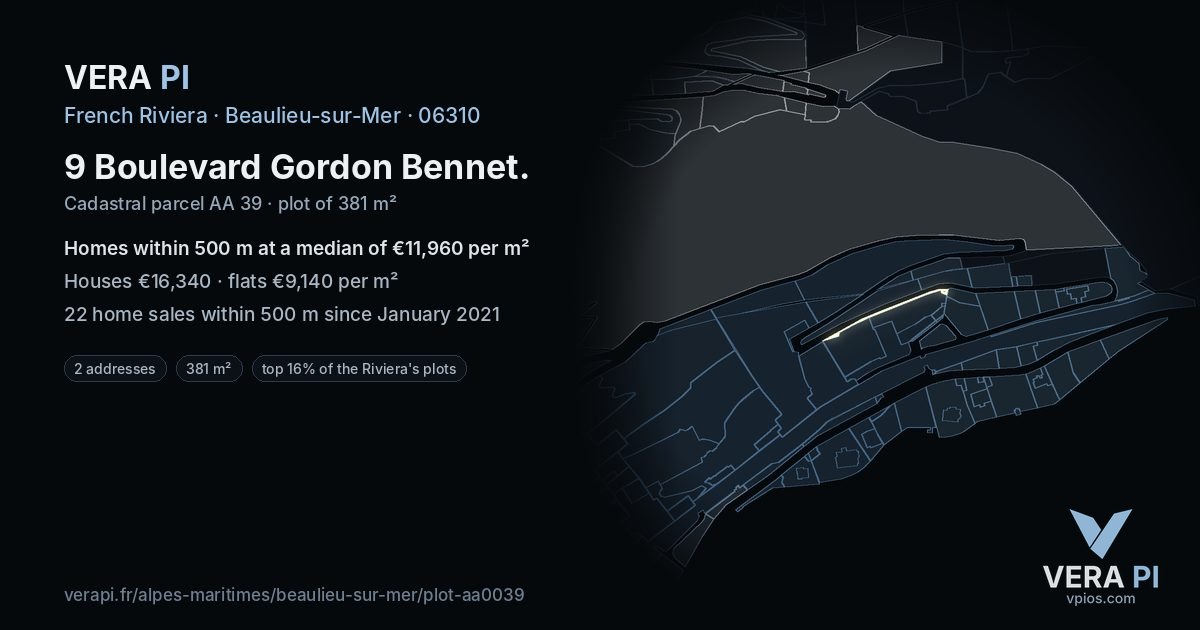 9 Boulevard Gordon Bennet, Beaulieu-sur-Mer at night – the plot lit, the parcels around coloured by the prices near them