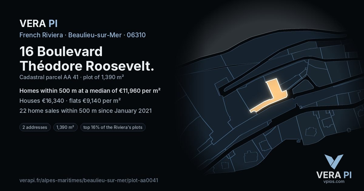 16 Boulevard Théodore Roosevelt, Beaulieu-sur-Mer at night – the plot lit, the parcels around coloured by the prices near them