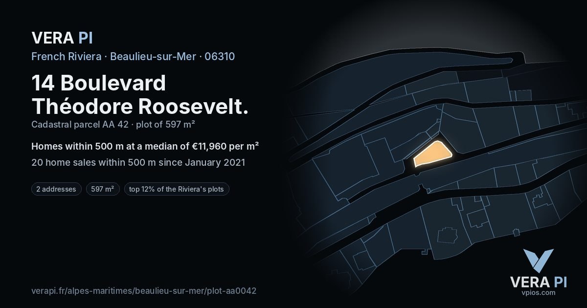 14 Boulevard Théodore Roosevelt, Beaulieu-sur-Mer at night – the plot lit, the parcels around coloured by the prices near them