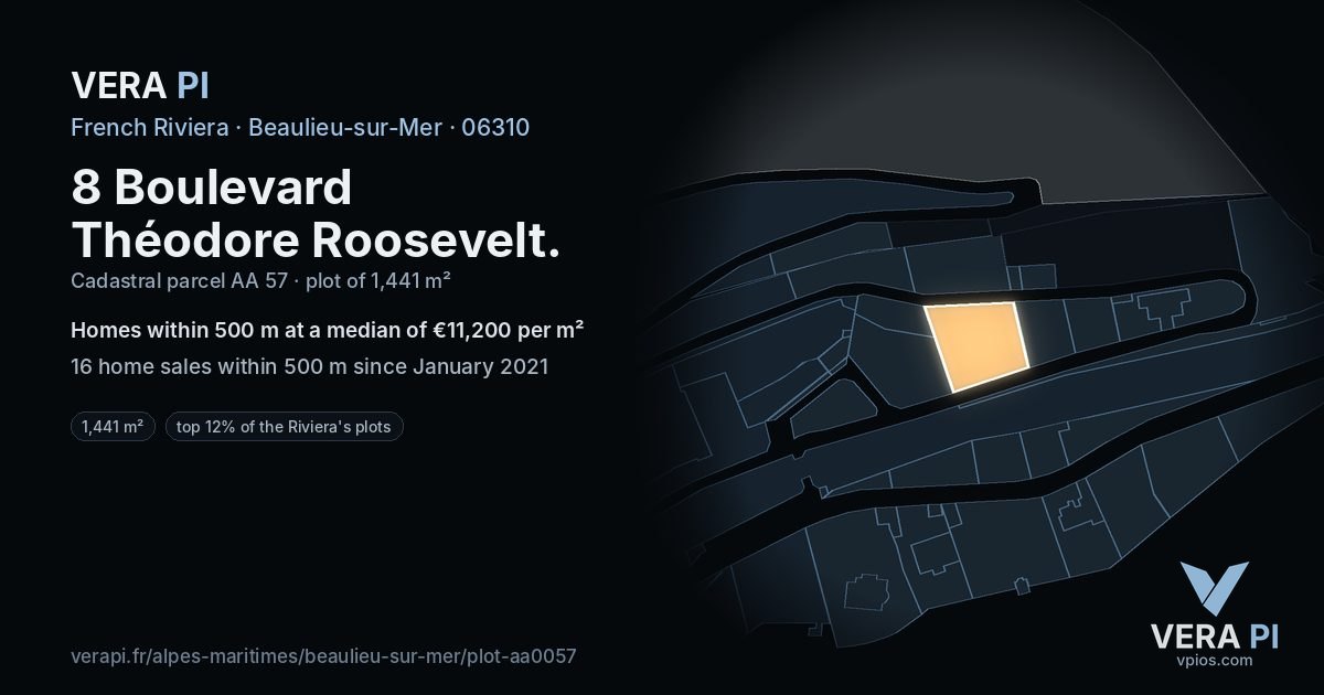 8 Boulevard Théodore Roosevelt, Beaulieu-sur-Mer at night – the plot lit, the parcels around coloured by the prices near them