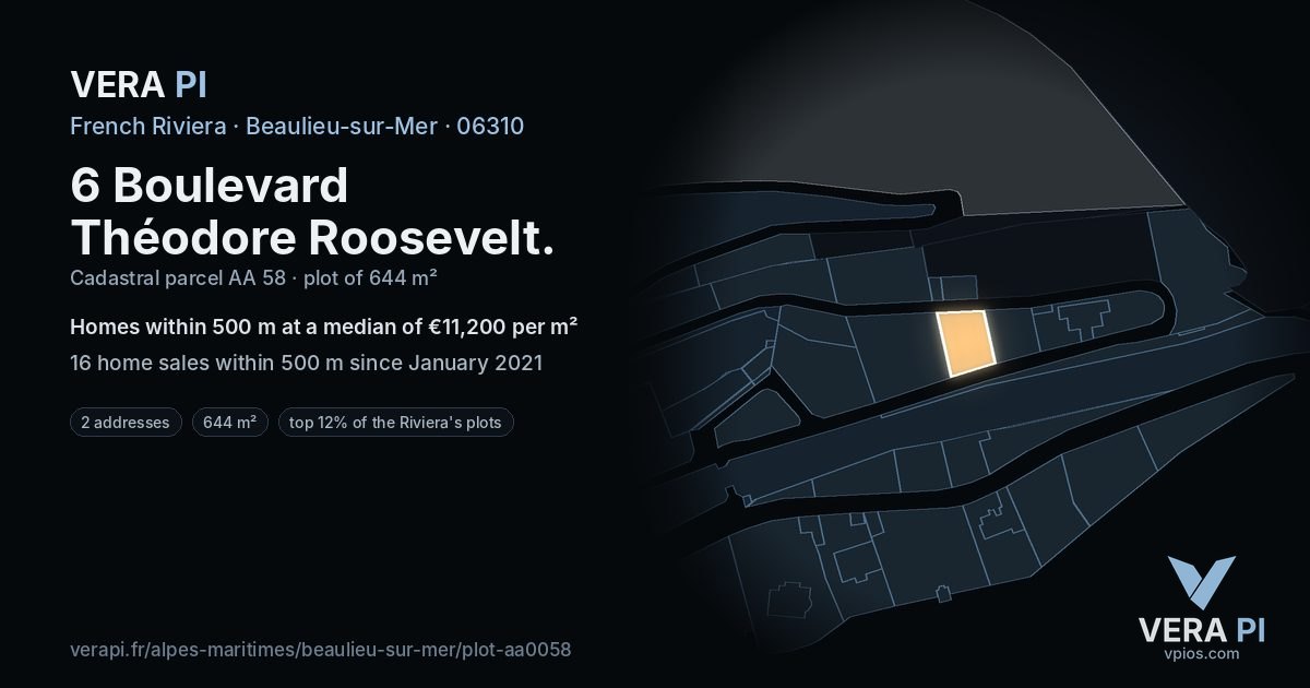 6 Boulevard Théodore Roosevelt, Beaulieu-sur-Mer at night – the plot lit, the parcels around coloured by the prices near them