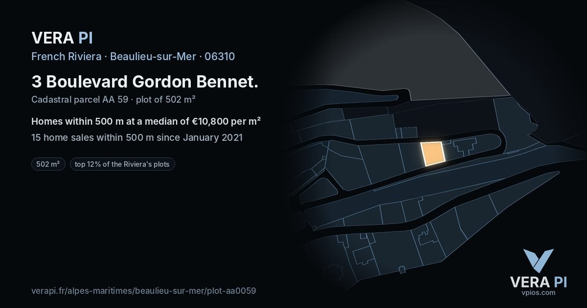 3 Boulevard Gordon Bennet, Beaulieu-sur-Mer at night – the plot lit, the parcels around coloured by the prices near them