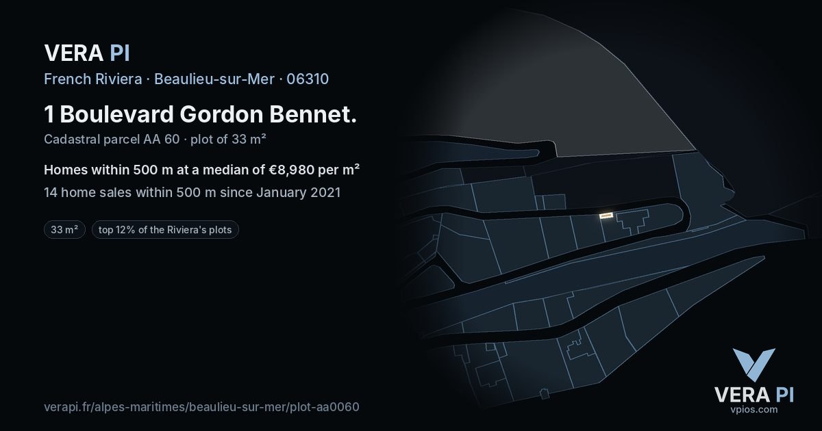 1 Boulevard Gordon Bennet, Beaulieu-sur-Mer at night – the plot lit, the parcels around coloured by the prices near them