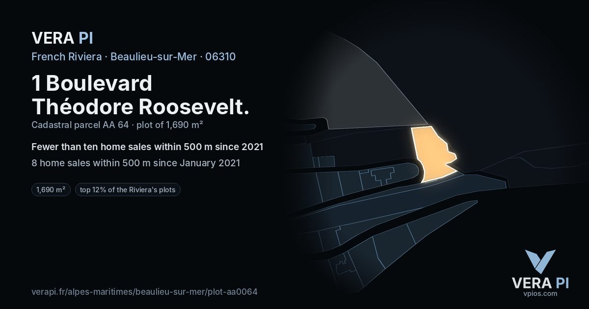 1 Boulevard Théodore Roosevelt, Beaulieu-sur-Mer at night – the plot lit, the parcels around coloured by the prices near them