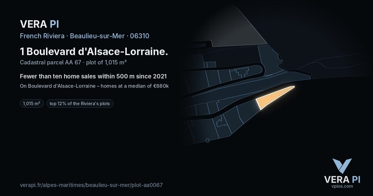 1 Boulevard d'Alsace-Lorraine, Beaulieu-sur-Mer at night – the plot lit, the parcels around coloured by the prices near them