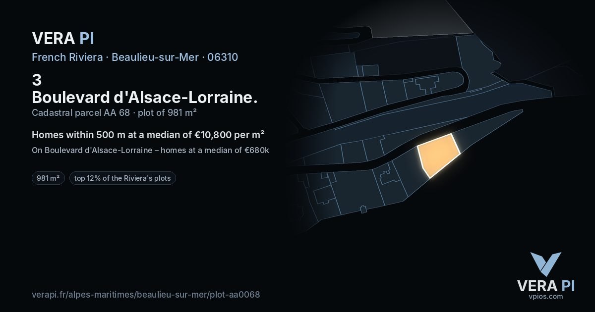 3 Boulevard d'Alsace-Lorraine, Beaulieu-sur-Mer at night – the plot lit, the parcels around coloured by the prices near them