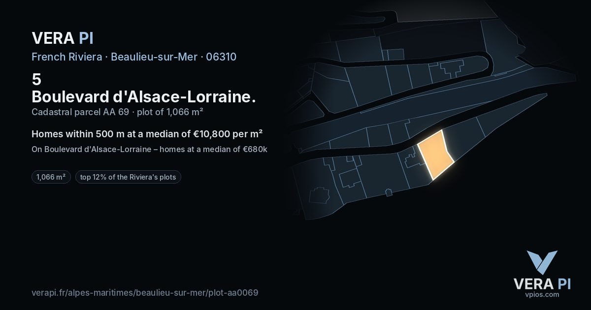 5 Boulevard d'Alsace-Lorraine, Beaulieu-sur-Mer at night – the plot lit, the parcels around coloured by the prices near them