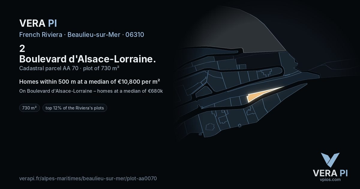 2 Boulevard d'Alsace-Lorraine, Beaulieu-sur-Mer at night – the plot lit, the parcels around coloured by the prices near them