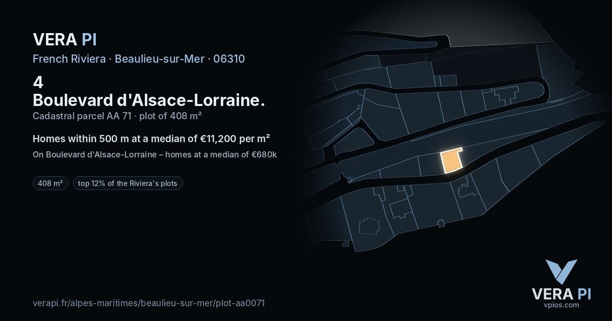 4 Boulevard d'Alsace-Lorraine, Beaulieu-sur-Mer at night – the plot lit, the parcels around coloured by the prices near them