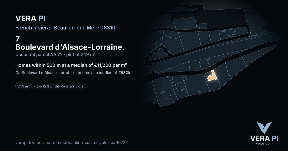 7 Boulevard d'Alsace-Lorraine, Beaulieu-sur-Mer at night – the plot lit, the parcels around coloured by the prices near them