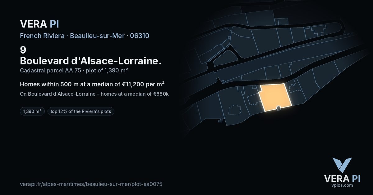 9 Boulevard d'Alsace-Lorraine, Beaulieu-sur-Mer at night – the plot lit, the parcels around coloured by the prices near them