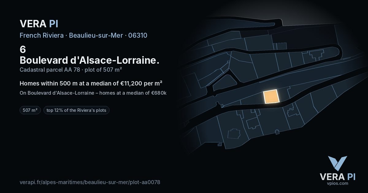 6 Boulevard d'Alsace-Lorraine, Beaulieu-sur-Mer at night – the plot lit, the parcels around coloured by the prices near them