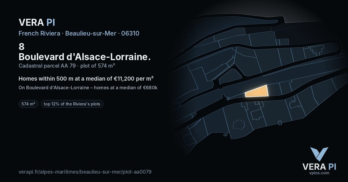8 Boulevard d'Alsace-Lorraine, Beaulieu-sur-Mer at night – the plot lit, the parcels around coloured by the prices near them