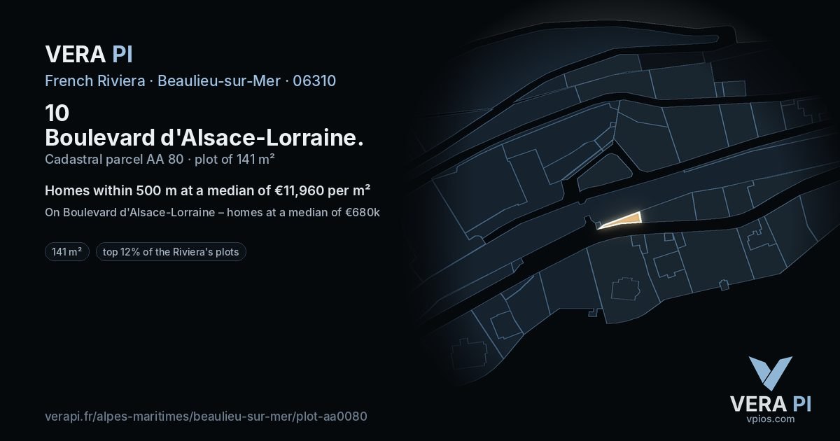 10 Boulevard d'Alsace-Lorraine, Beaulieu-sur-Mer at night – the plot lit, the parcels around coloured by the prices near them