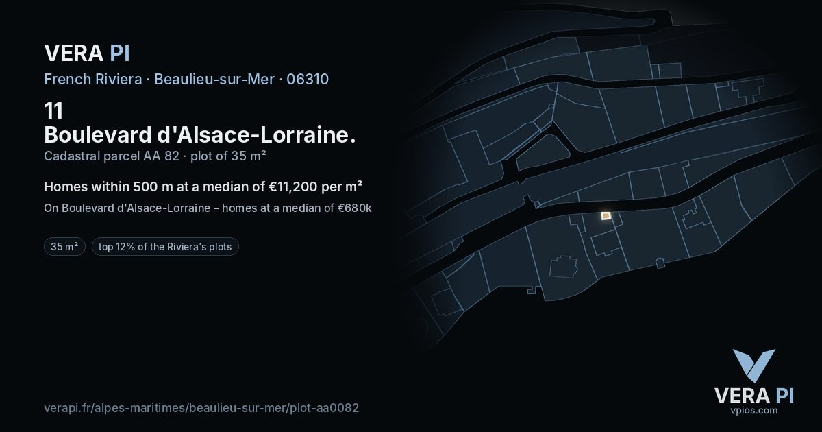 11 Boulevard d'Alsace-Lorraine, Beaulieu-sur-Mer at night – the plot lit, the parcels around coloured by the prices near them