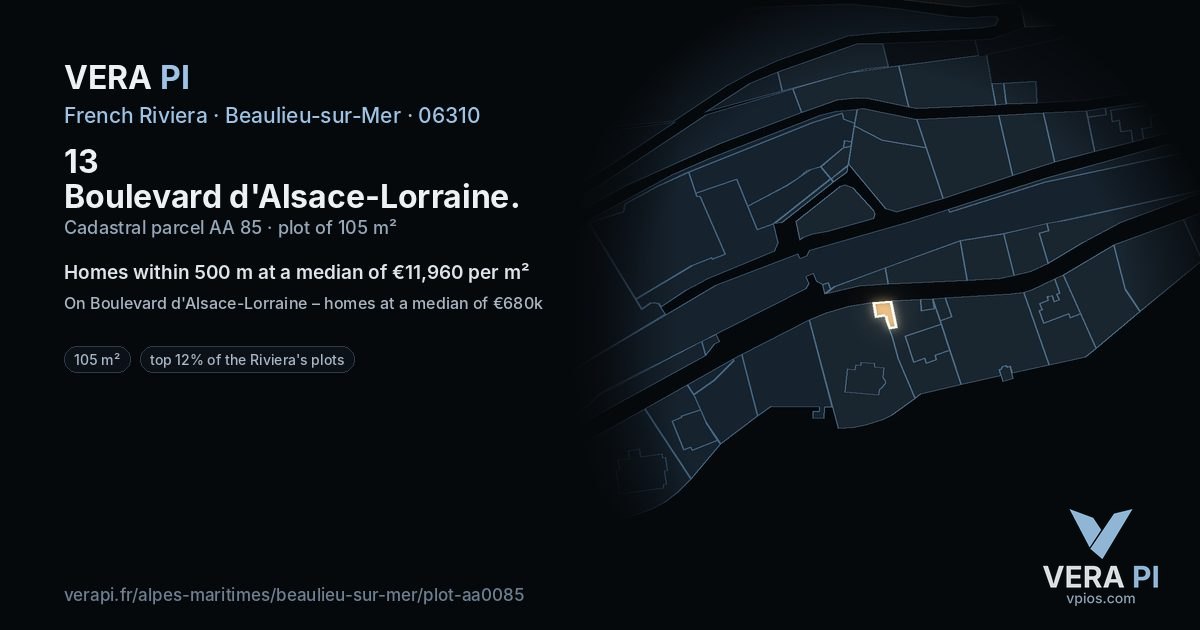 13 Boulevard d'Alsace-Lorraine, Beaulieu-sur-Mer at night – the plot lit, the parcels around coloured by the prices near them
