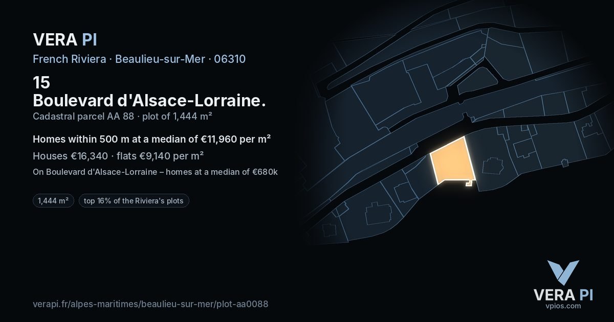 15 Boulevard d'Alsace-Lorraine, Beaulieu-sur-Mer at night – the plot lit, the parcels around coloured by the prices near them