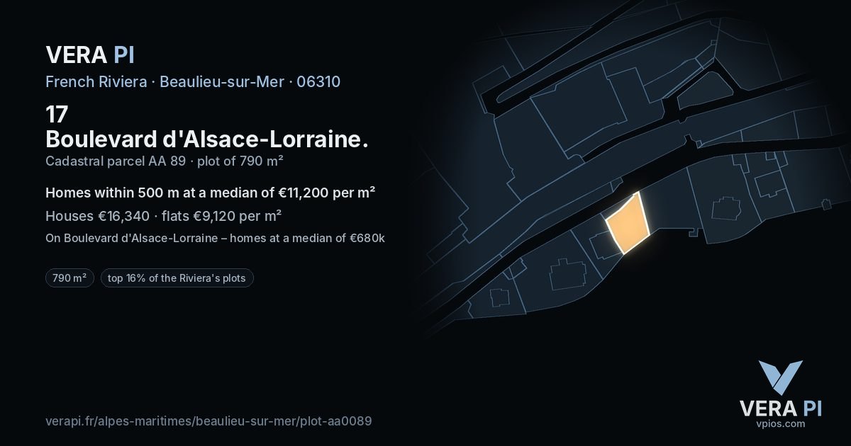 17 Boulevard d'Alsace-Lorraine, Beaulieu-sur-Mer at night – the plot lit, the parcels around coloured by the prices near them