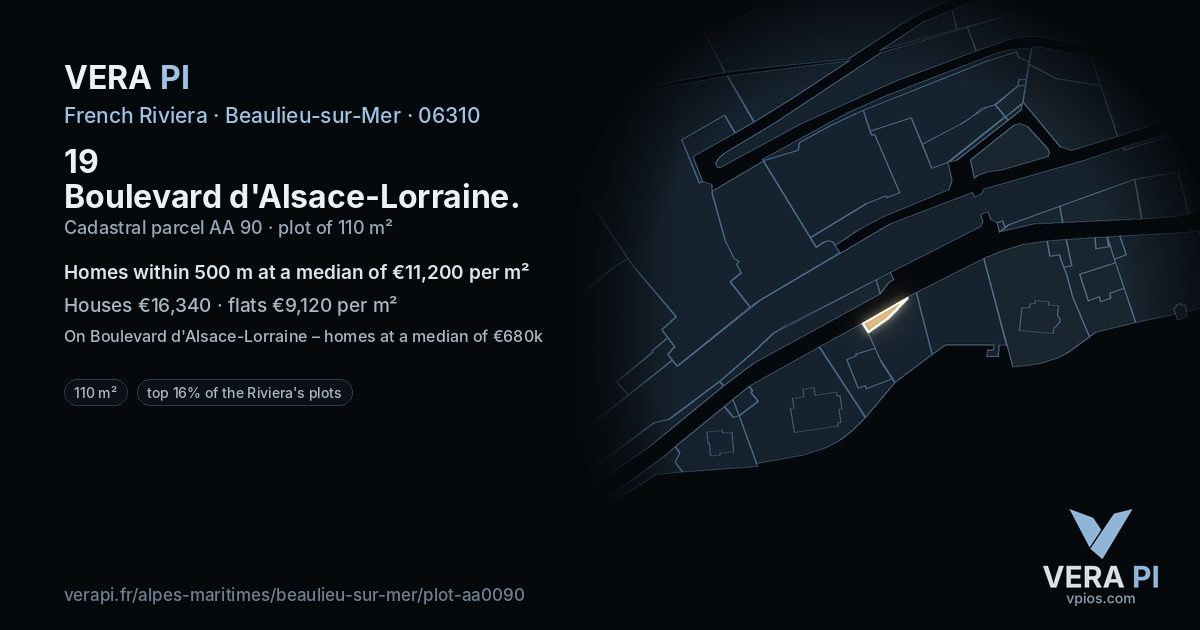 19 Boulevard d'Alsace-Lorraine, Beaulieu-sur-Mer at night – the plot lit, the parcels around coloured by the prices near them