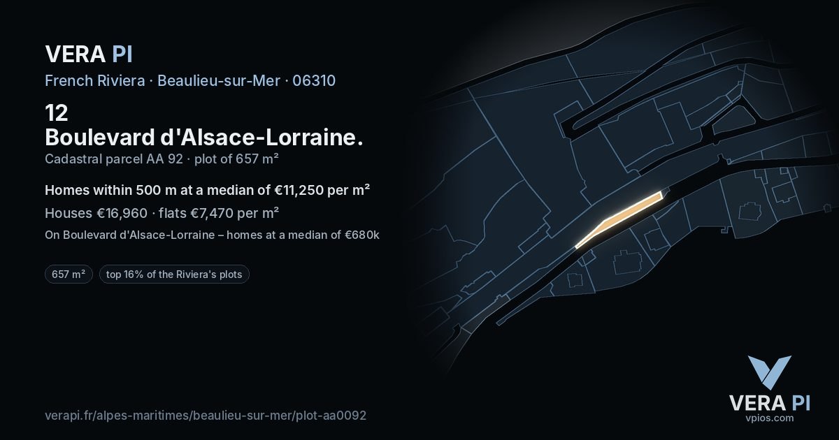 12 Boulevard d'Alsace-Lorraine, Beaulieu-sur-Mer at night – the plot lit, the parcels around coloured by the prices near them
