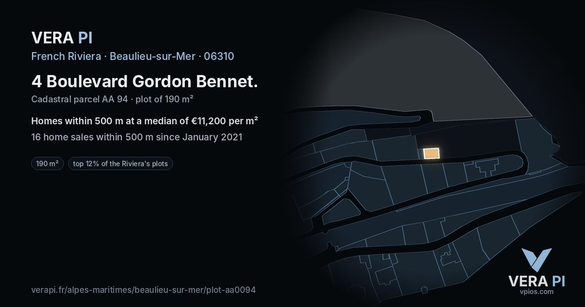 4 Boulevard Gordon Bennet, Beaulieu-sur-Mer at night – the plot lit, the parcels around coloured by the prices near them