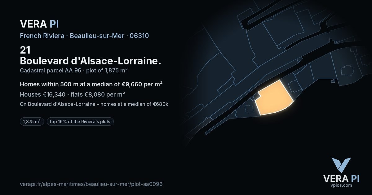 21 Boulevard d'Alsace-Lorraine, Beaulieu-sur-Mer at night – the plot lit, the parcels around coloured by the prices near them