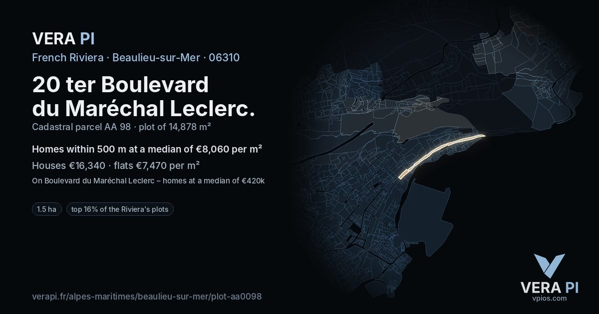 20 ter Boulevard du Maréchal Leclerc, Beaulieu-sur-Mer at night – the plot lit, the parcels around coloured by the prices near them